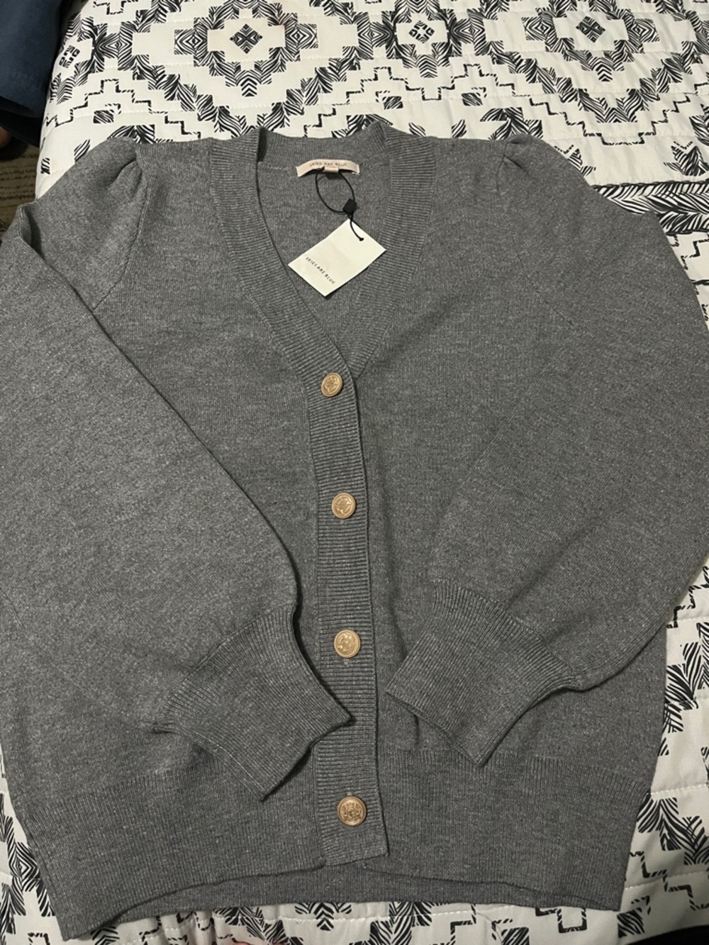 Skies Are Blue Gray Puff Sleeve V-Neck Cardigan with Gold Buttons